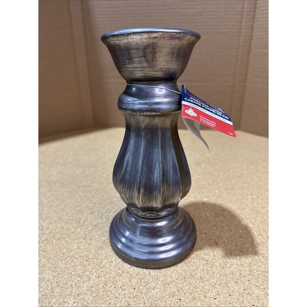 VTG Celebrate It Pinecone Lodge Glass Candle Holder 9.5”x4” Brushed Metal Look